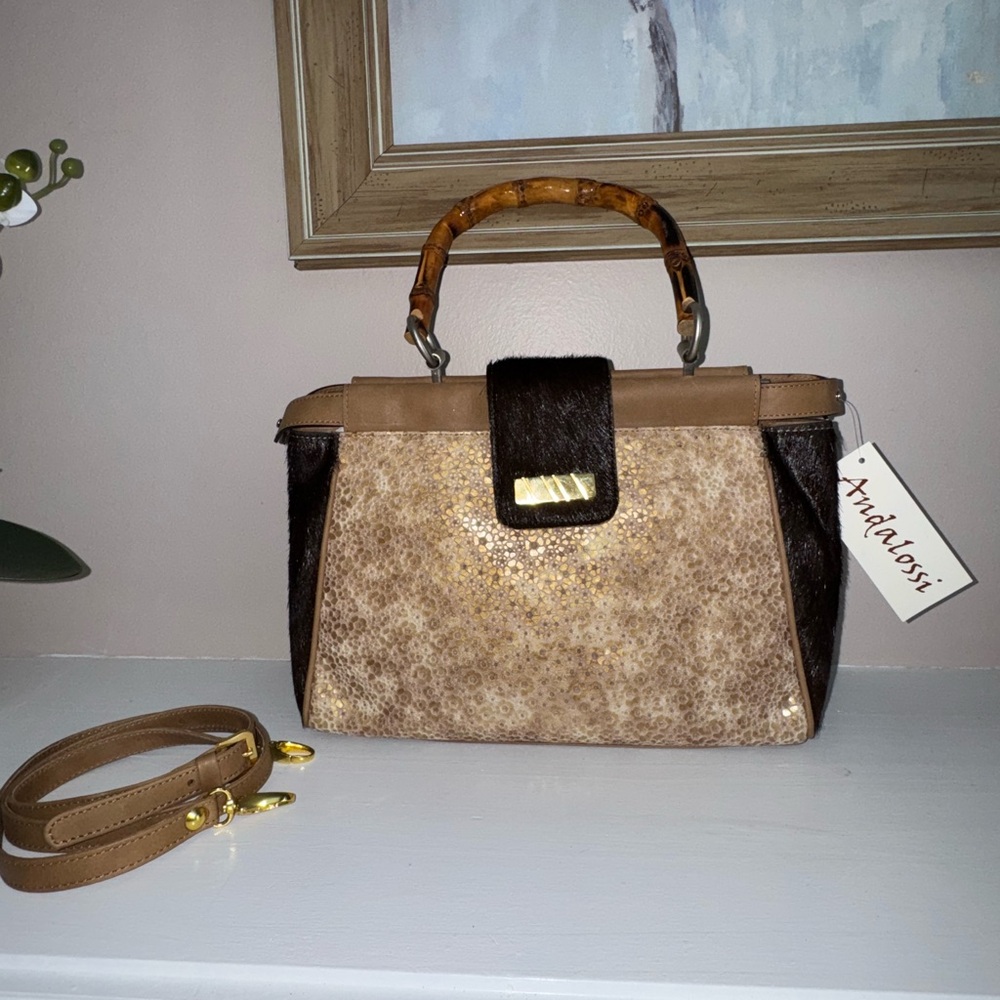 Andalossi NWT Golden Meadow Cappuccino leather calf hair bamboo crossbody bag - Picture 5 of 16